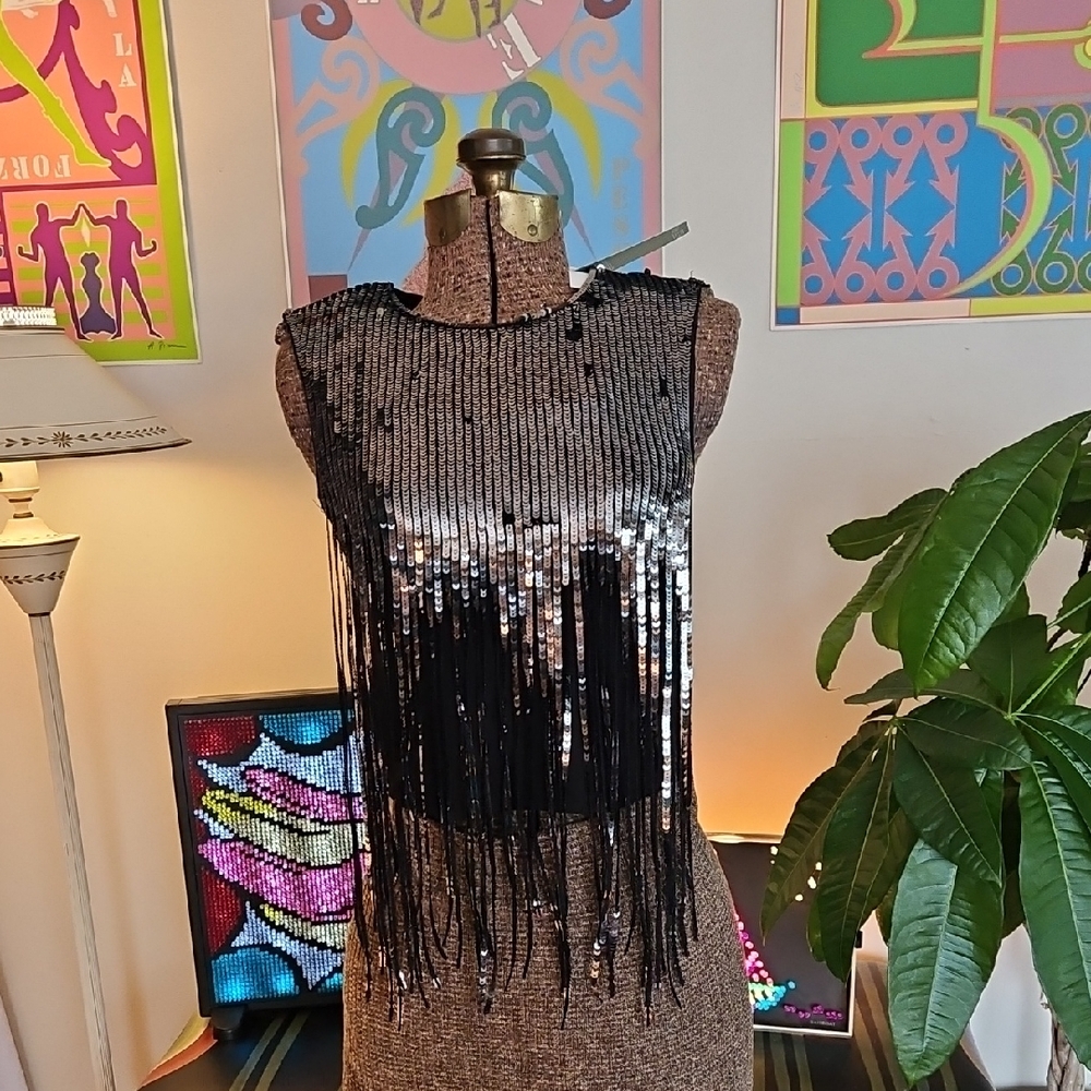 NWT H&M Sleeveless Black and Silver Sequin Fringe Top Sz S Party Night Out Shirt